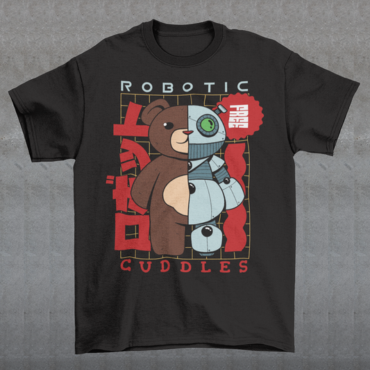 Introducing our exclusive "Robotic Cuddles" t-shirt featuring an adorable half-robot teddy bear that seamlessly merges the charm of a classic cuddly friend with the futuristic allure of robotics. The design showcases a lovable teddy bear with one side transformed into a metallic marvel, complete with gears, circuits, and a hint of technological magic.