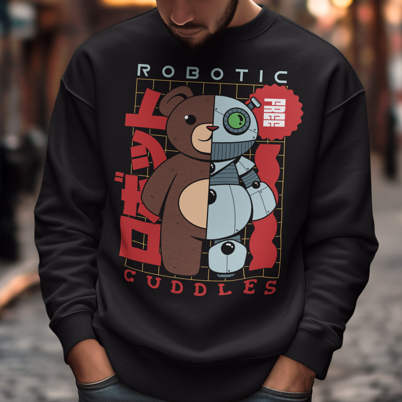 Introducing our exclusive "Robotic Cuddles" sweatshirt featuring an adorable half-robot teddy bear that seamlessly merges the charm of a classic cuddly friend with the futuristic allure of robotics. The design showcases a lovable teddy bear with one side transformed into a metallic marvel, complete with gears, circuits, and a hint of technological magic.