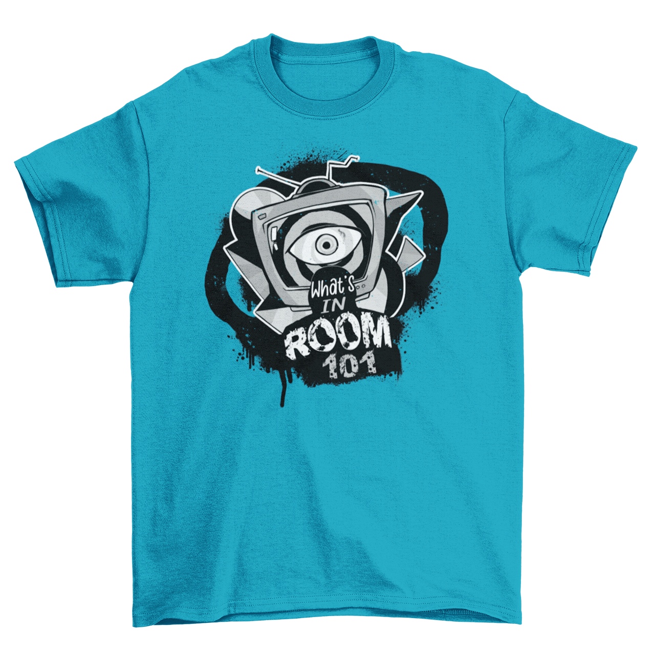 Aqua t-shirt with brainwashing tv and text "WHAT'S IN ROOM 101".