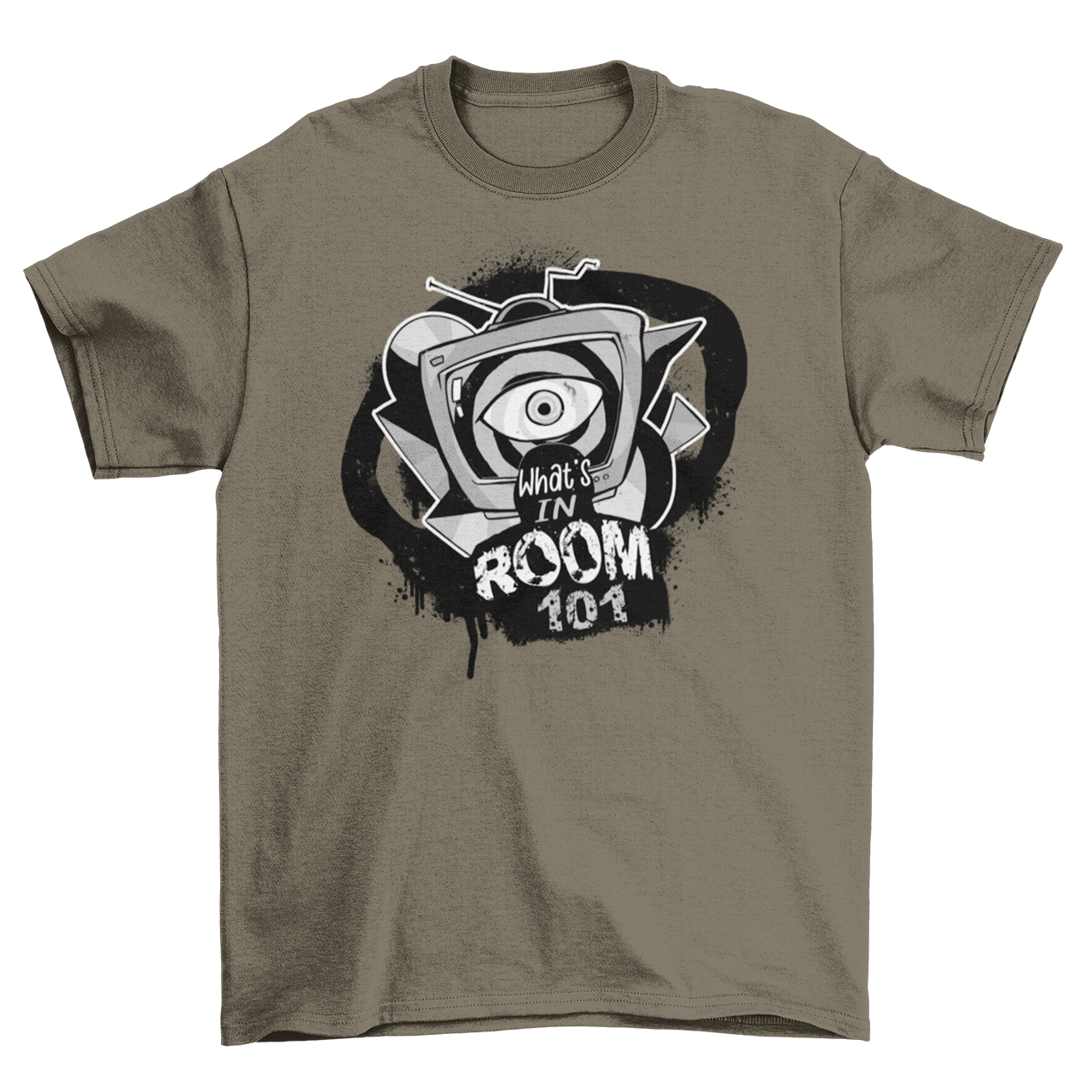 Army t-shirt with brainwashing tv and text "WHAT'S IN ROOM 101".