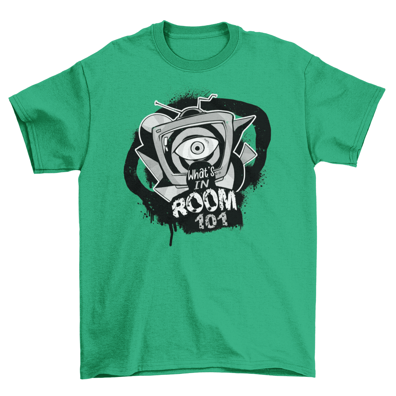 Green t-shirt with brainwashing tv and text "WHAT'S IN ROOM 101".