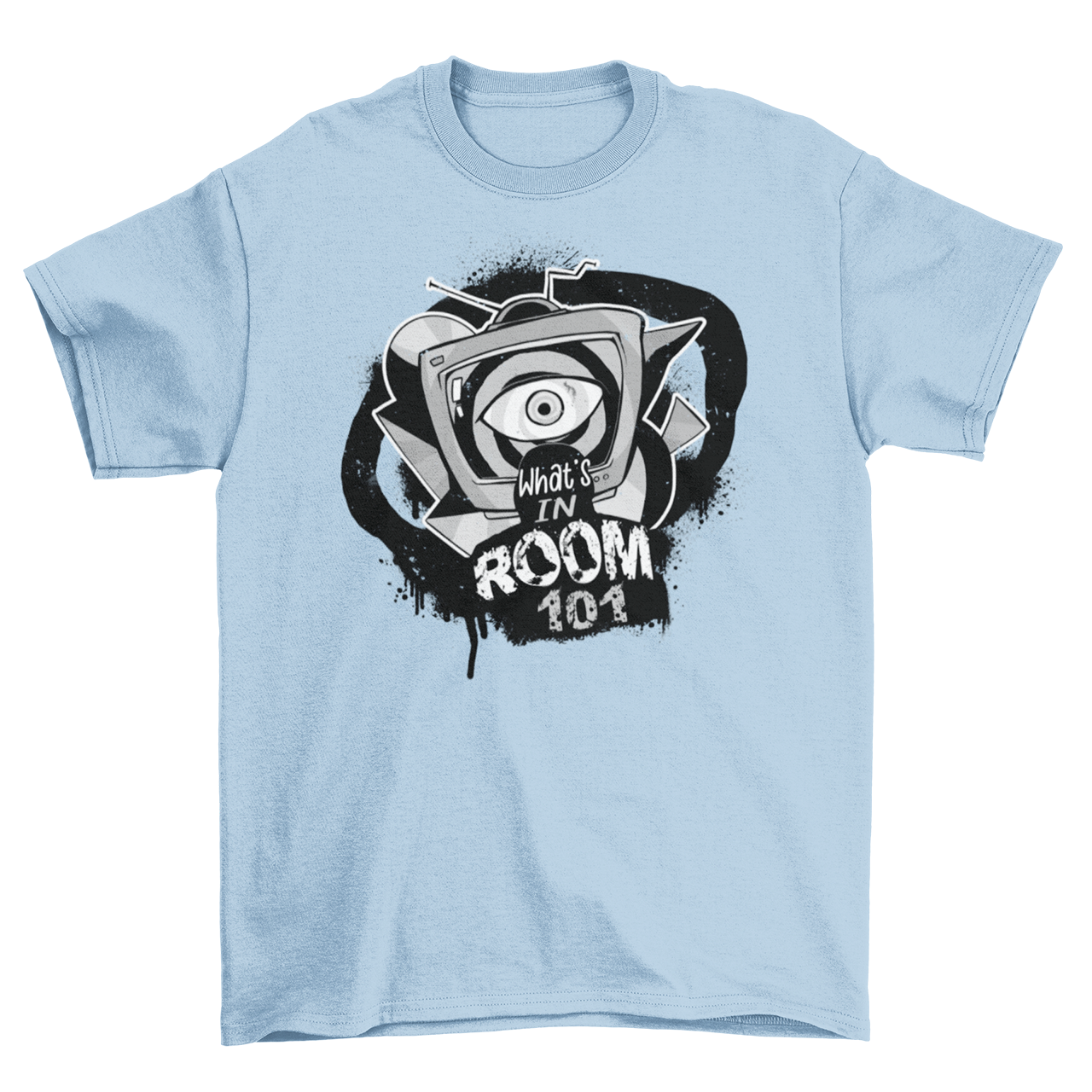 Light blue t-shirt with brainwashing tv and text "WHAT'S IN ROOM 101".