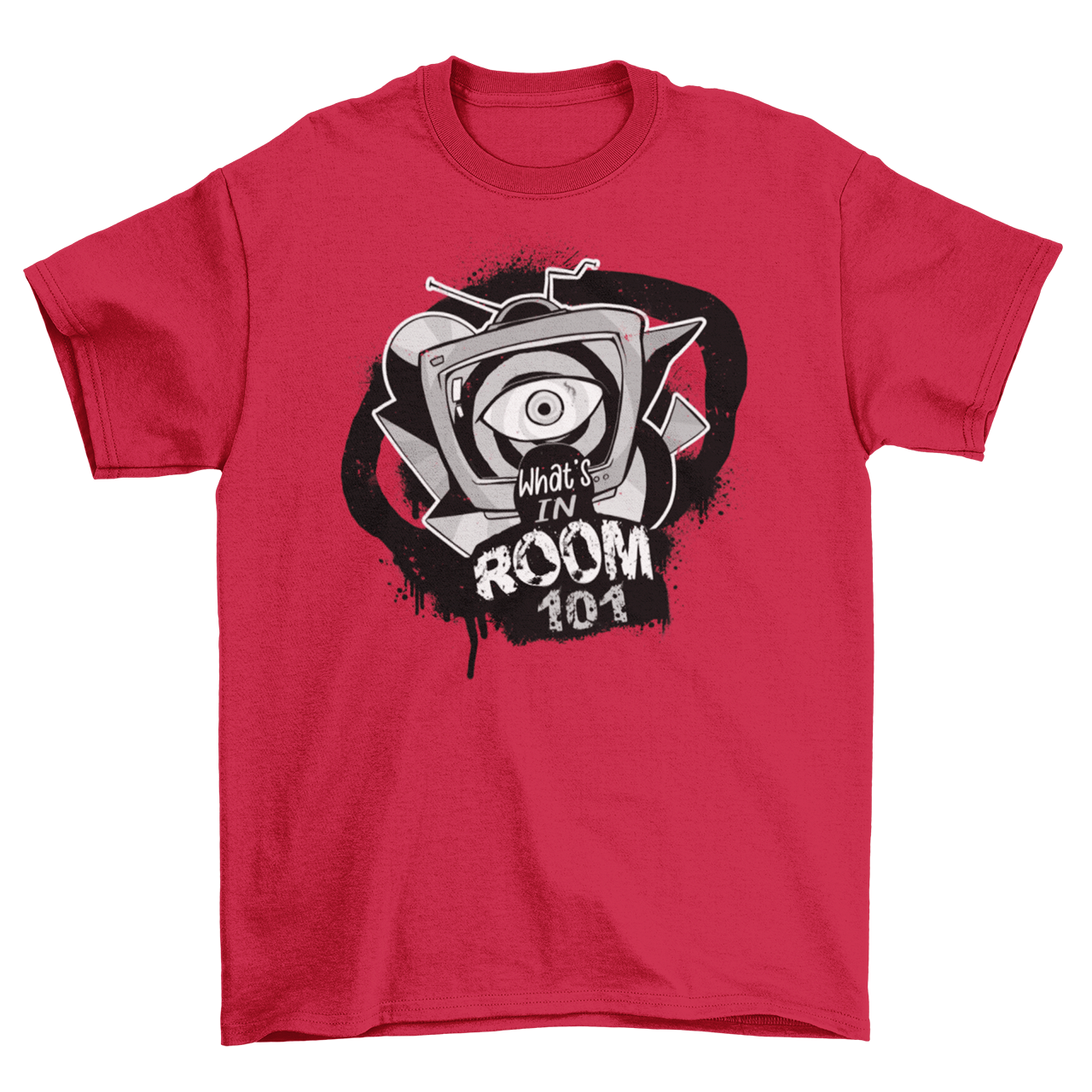 Red t-shirt with brainwashing tv and text "WHAT'S IN ROOM 101".