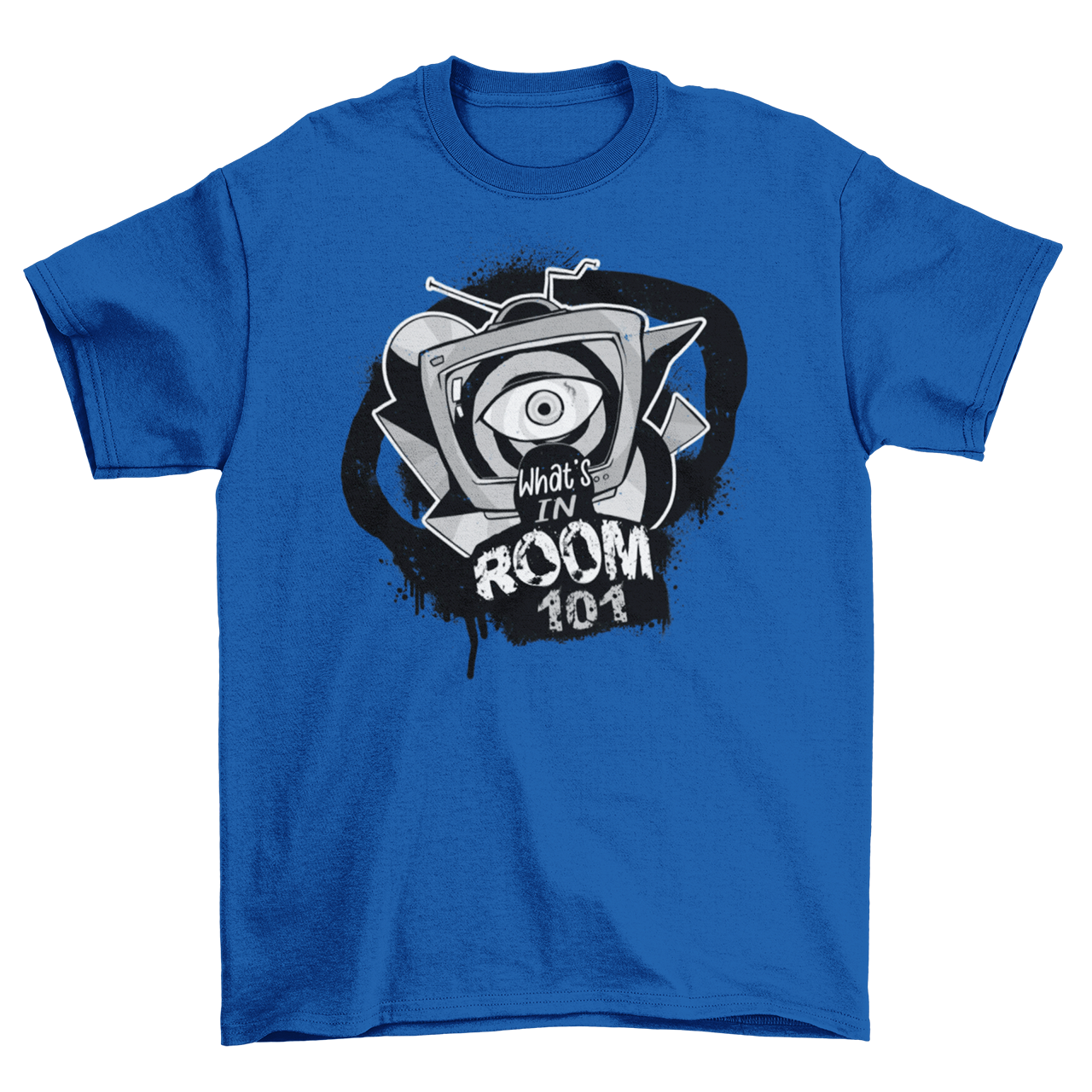 Blue t-shirt with brainwashing tv and text "WHAT'S IN ROOM 101".