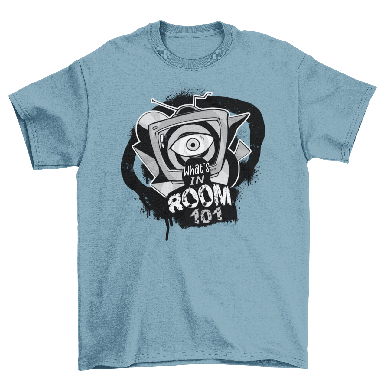 Steel blue t-shirt with brainwashing tv and text "WHAT'S IN ROOM 101".