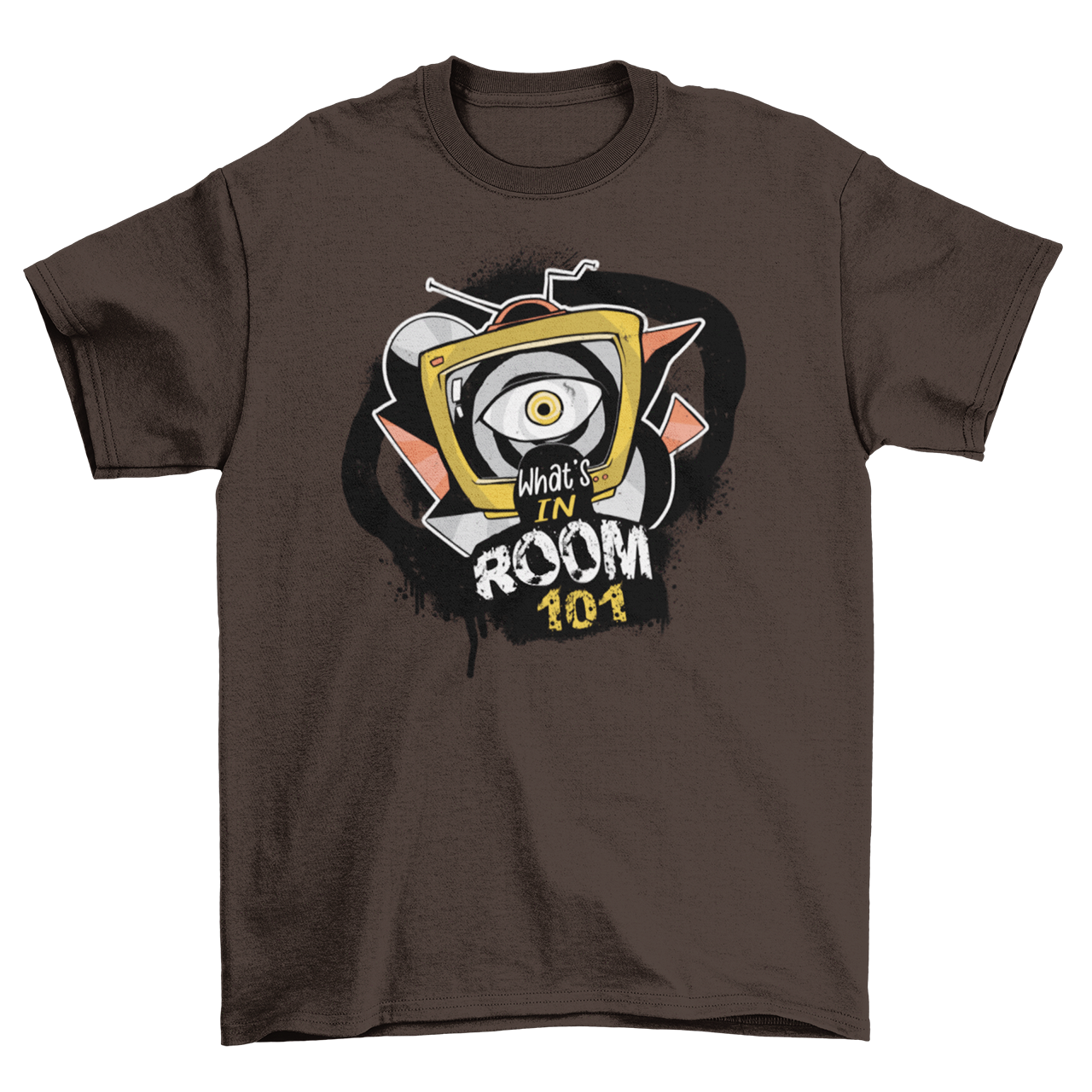 Brown t-shirt with brainwashing tv and text "WHAT'S IN ROOM 101".