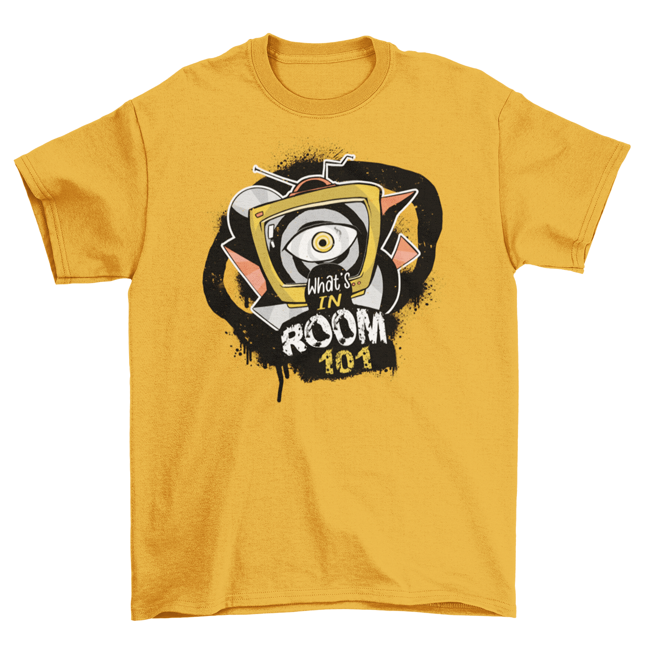 Mustard t-shirt with brainwashing tv and text "WHAT'S IN ROOM 101".