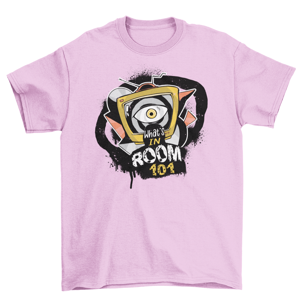 Pink t-shirt with brainwashing tv and text "WHAT'S IN ROOM 101".