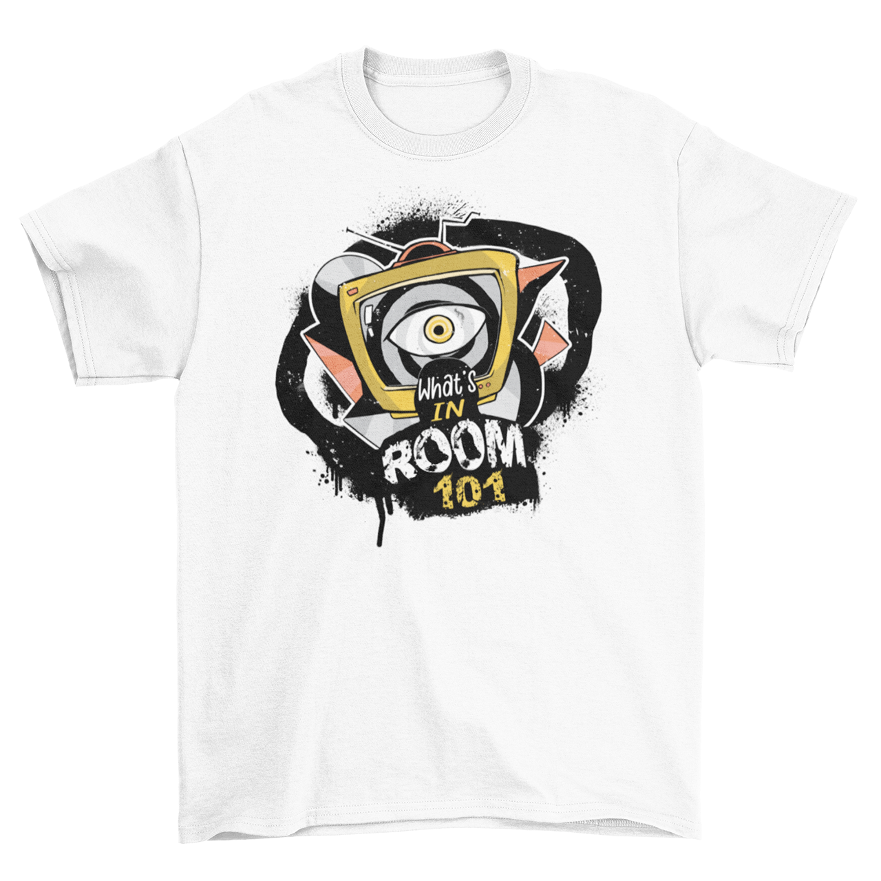 White t-shirt with brainwashing tv and text "WHAT'S IN ROOM 101".