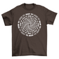 Brown t-shirt with room 101 text in a spiral.