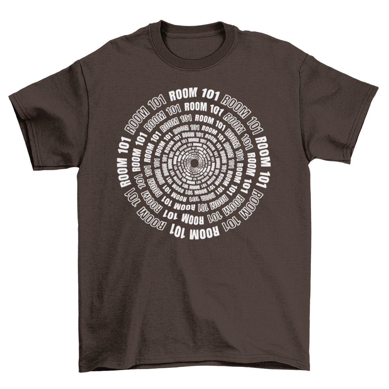 Brown t-shirt with room 101 text in a spiral.