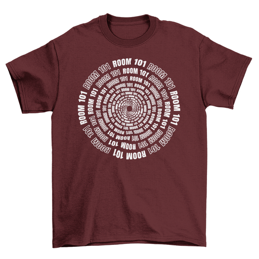 Maroon t-shirt with room 101 text in a spiral.