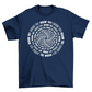 Navy t-shirt with room 101 text in a spiral.