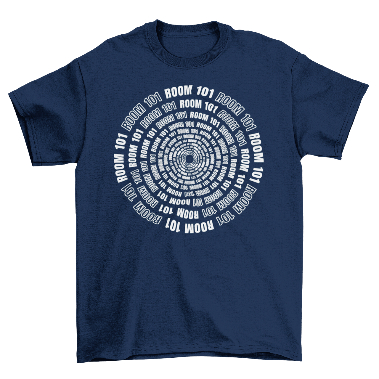 Navy t-shirt with room 101 text in a spiral.