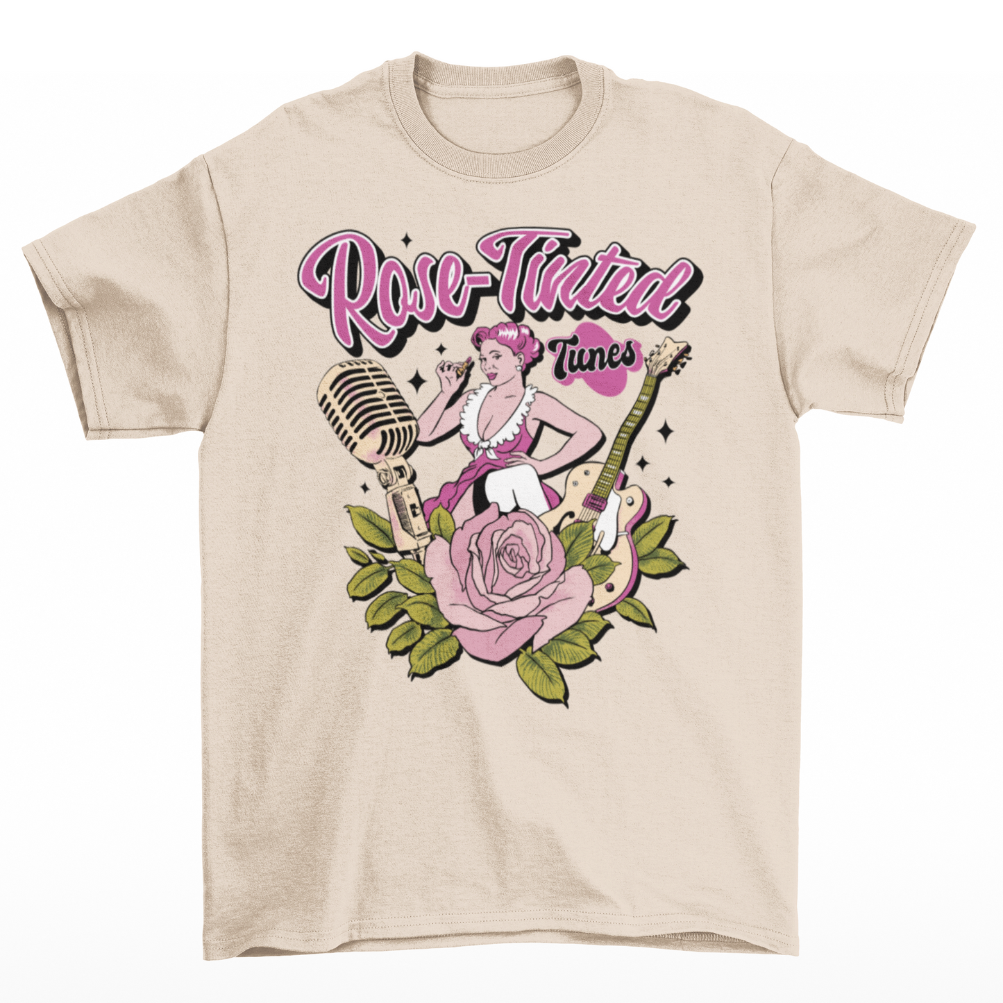 Cream t-shirt with a woman putting on lipstick surrounded by a rose, a microphone and a guitar with text above "ROSE-TINTED TUNES".