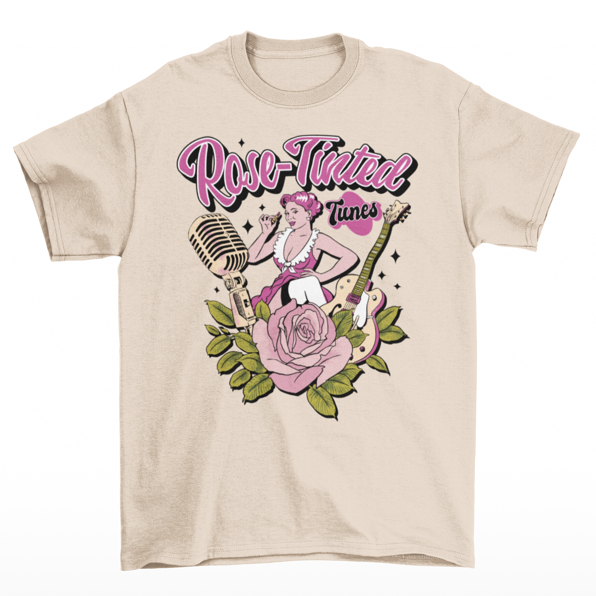 Cream t-shirt with a woman putting on lipstick surrounded by a rose, a microphone and a guitar with text above "ROSE-TINTED TUNES".