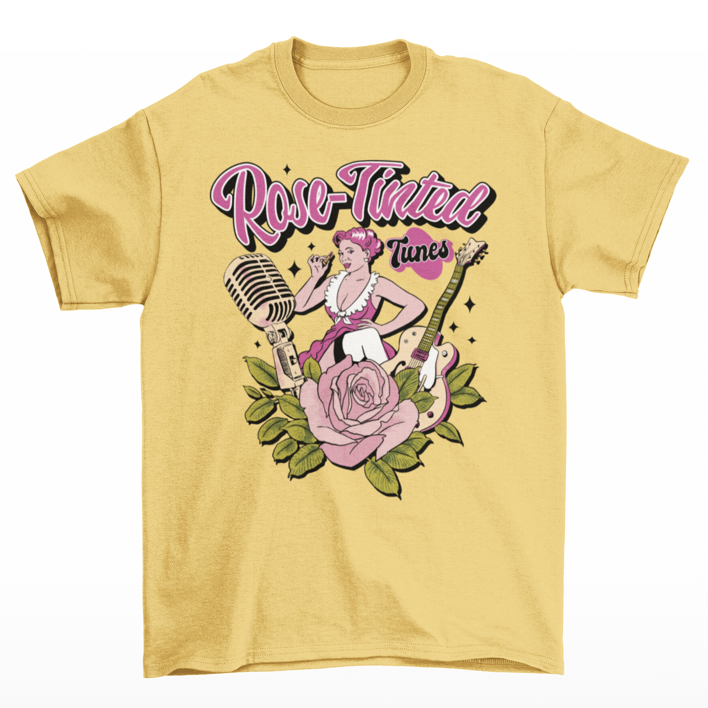 Yellow t-shirt with a woman putting on lipstick surrounded by a rose, a microphone and a guitar with text above "ROSE-TINTED TUNES".