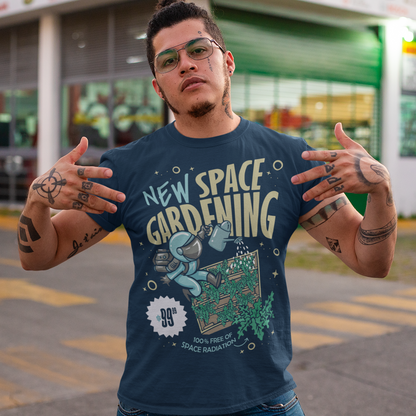 Embrace the cosmic green thumb with our captivating "Space Gardening" t-shirt design. This visionary artwork combines the wonders of space exploration with the tranquility of nurturing nature. Picture a whimsical scene where a courageous astronaut, floating weightlessly amidst the stars, tends to a flourishing celestial garden. Whether you're a fan of outer space or simply appreciate the beauty of gardening, this design serves as a symbolic reminder of the boundless possibilities that await.