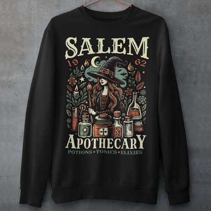 Black sweatshirt of a Witch with potions and text SALEM APOTHECARY.