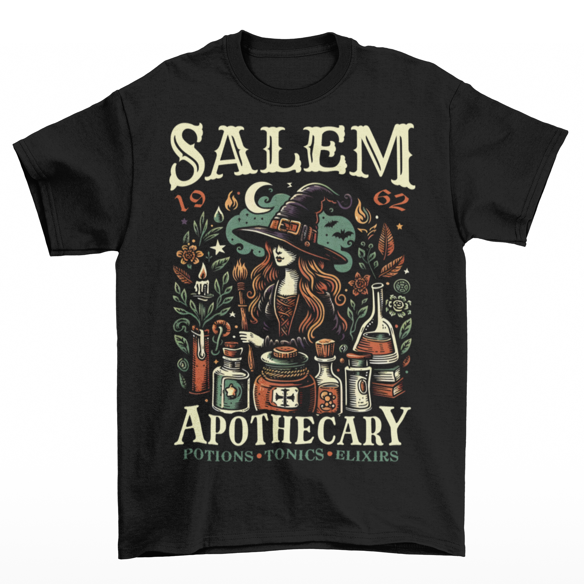 Black t-shirt of a Witch with potions and text SALEM APOTHECARY.