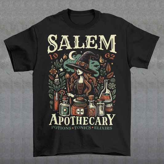 Step into the mystique of Salem with our "Salem Apothecary" t-shirt, a perfect blend of witchy charm and vintage flair. This design features a captivating witch, dressed in traditional attire, brewing potions with an array of mystical bottles and herbs. On the design the words "SALEM APOTHECARY" are prominently displayed, evoking the enchanting atmosphere of an old-world potion shop. This shirt is ideal for those who love the allure of witchcraft and the history of Salem.