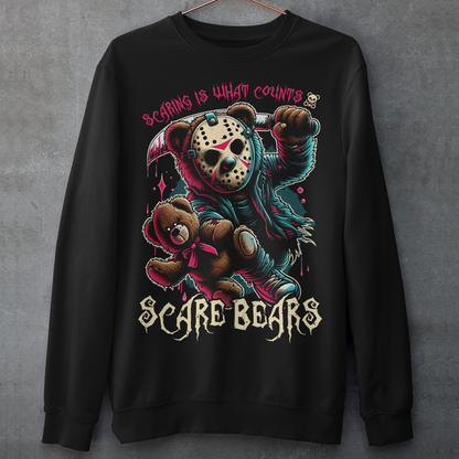 Black sweatshirt of a bear with a hockey mask and machete with text above "SCARING IS WHAT COUNTS". "Text below "SCARE BEARS".