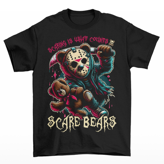 Black t-shirt of a bear with a hockey mask and machete with text above "SCARING IS WHAT COUNTS". "Text below "SCARE BEARS".