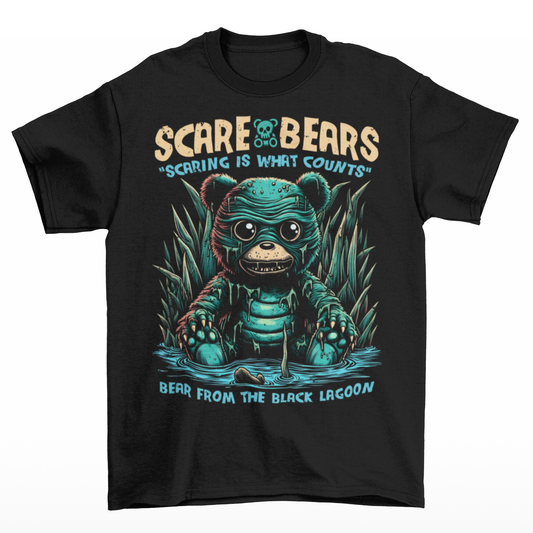 Black t-shirt of a creature from the black lagoon bear sitting in a swamp with text above "SCARE BEARS". "Text below "BEAR FROM THE BLACK LAGOON".