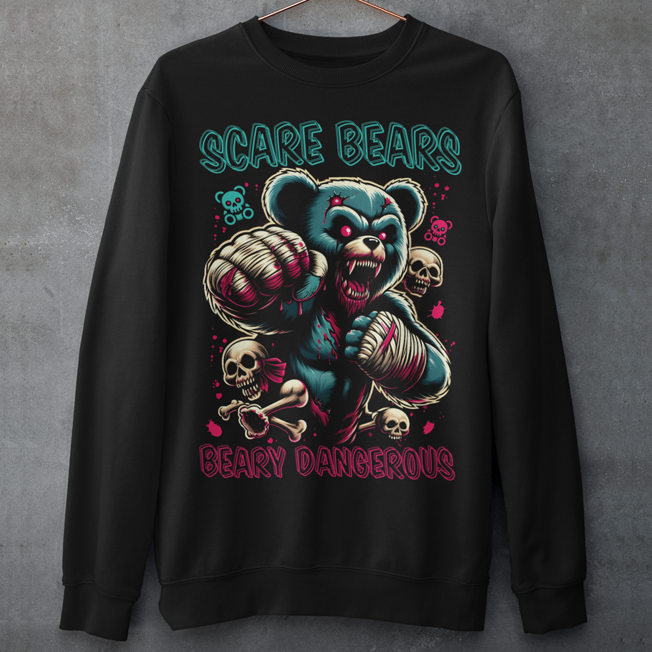 Black sweatshirt of a fighting MMA bear with text above "SCARE BEARS". "Text below "BEARY DANGEROUS".