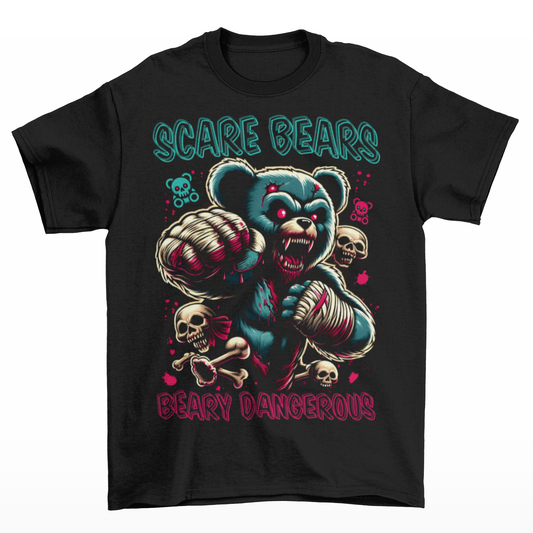 Black t-shirt of a fighting MMA bear with text above "SCARE BEARS". "Text below "BEARY DANGEROUS".