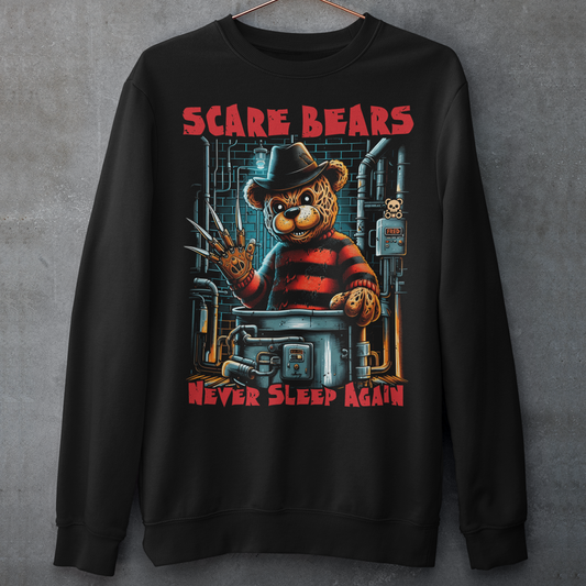 This Sweatshirt features a burnt, scary bear, wearing a tattered hat and a bladed glove, standing menacingly in a dark boiler room. The bear's charred fur and glowing red eyes give off a terrifying vibe, with steam pipes and sparks in the background. The bold text above reads "SCARE BEARS", and the chilling tagline below says "NEVER SLEEP AGAIN", adding to the sinister atmosphere. Perfect for fans of horror and twisted takes on childhood icons.