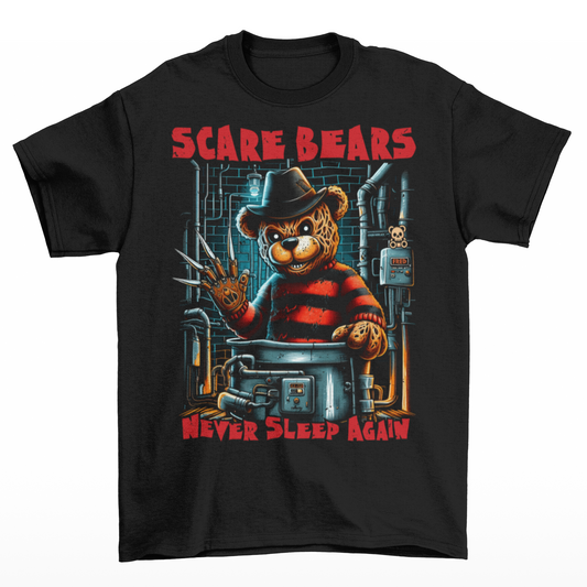 Black for a t-shirt of a scary bear dressed as freddy krueger in a boiler room with text above "SCARE BEARS" and text below "NEVER SLEEP AGAIN".