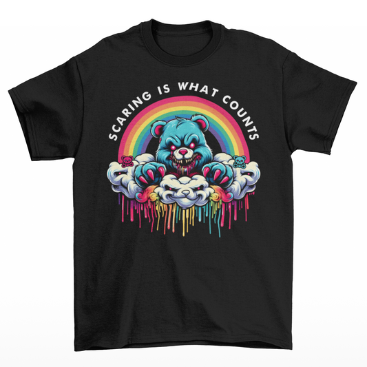 Black t-shirt of scary bear on a cloud with a rainbow with text above "SCARING IS WHAT COUNTS".