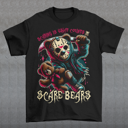 Introducing the SCARE BEARS T-shirt! This bold tee features a fearsome bear wearing a hockey mask and gripping a machete, putting a sinister twist on a childhood favorite. The text above reads "SCARING IS WHAT COUNTS," while below, the phrase "SCARE BEARS" adds a fun, spooky touch. Perfect for Halloween lovers, horror fans, or anyone with a taste for the playful and dark side of fashion. This unique shirt is sure to stand out and make a statement wherever you go!