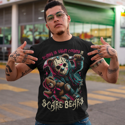Introducing the SCARE BEARS T-shirt! This bold tee features a fearsome bear wearing a hockey mask and gripping a machete, putting a sinister twist on a childhood favorite. The text above reads "SCARING IS WHAT COUNTS," while below, the phrase "SCARE BEARS" adds a fun, spooky touch. Perfect for Halloween lovers, horror fans, or anyone with a taste for the playful and dark side of fashion. This unique shirt is sure to stand out and make a statement wherever you go!