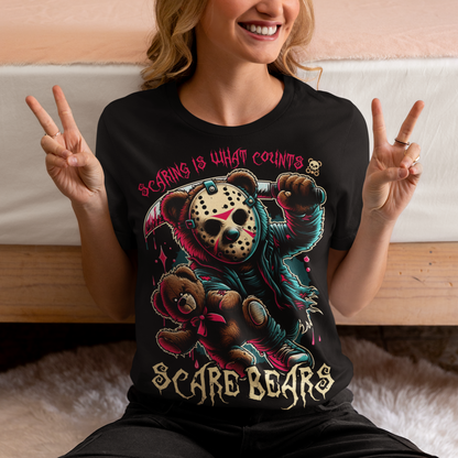 Introducing the SCARE BEARS T-shirt! This bold tee features a fearsome bear wearing a hockey mask and gripping a machete, putting a sinister twist on a childhood favorite. The text above reads "SCARING IS WHAT COUNTS," while below, the phrase "SCARE BEARS" adds a fun, spooky touch. Perfect for Halloween lovers, horror fans, or anyone with a taste for the playful and dark side of fashion. This unique shirt is sure to stand out and make a statement wherever you go!