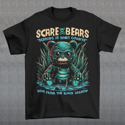 Introducing the Scare Bears T-Shirt! This eerie tee features a creature from the black lagoon, but with a twist: it’s a bear! Sitting ominously in a misty swamp, this monstrous bear peers out with glowing eyes, half-submerged in murky waters and surrounded by twisted trees and eerie shadows.