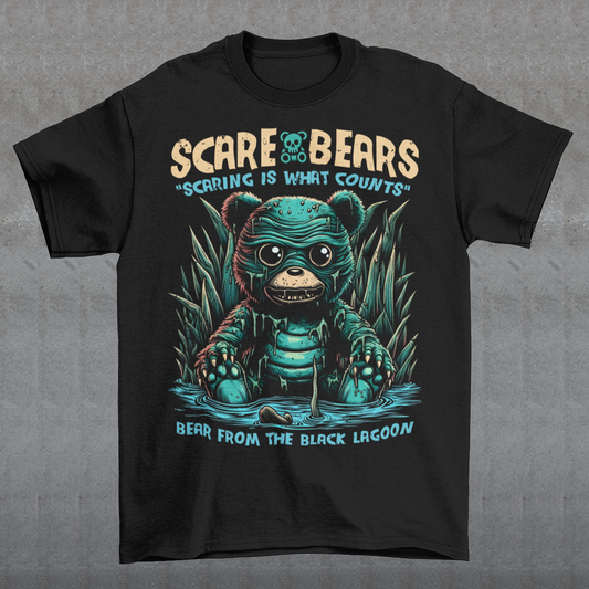 Introducing the Scare Bears T-Shirt! This eerie tee features a creature from the black lagoon, but with a twist: it’s a bear! Sitting ominously in a misty swamp, this monstrous bear peers out with glowing eyes, half-submerged in murky waters and surrounded by twisted trees and eerie shadows.