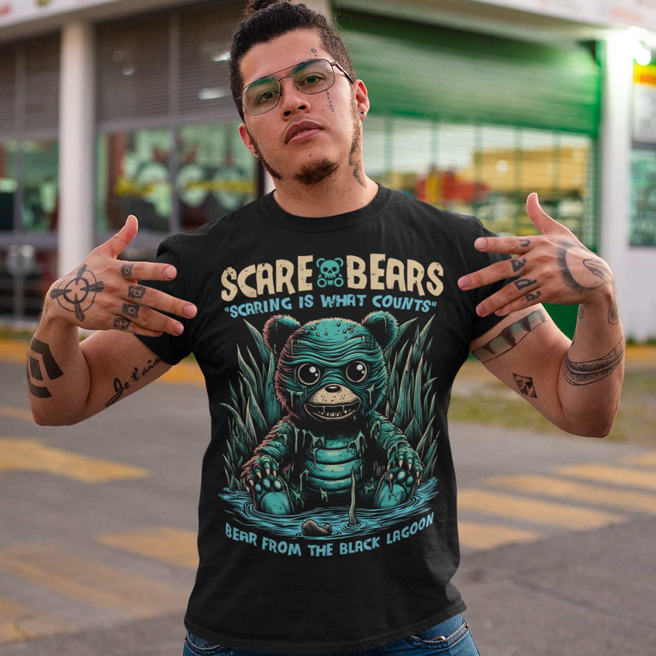 Introducing the Scare Bears T-Shirt! This eerie tee features a creature from the black lagoon, but with a twist: it’s a bear! Sitting ominously in a misty swamp, this monstrous bear peers out with glowing eyes, half-submerged in murky waters and surrounded by twisted trees and eerie shadows.