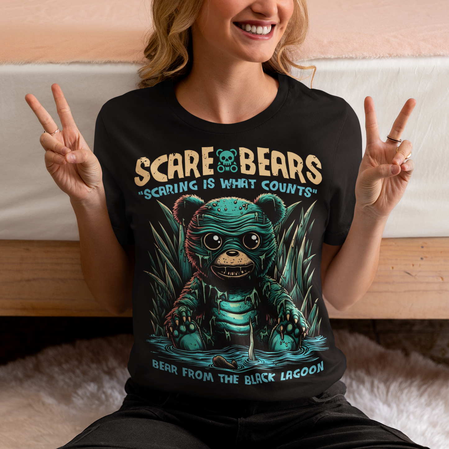 Introducing the Scare Bears T-Shirt! This eerie tee features a creature from the black lagoon, but with a twist: it’s a bear! Sitting ominously in a misty swamp, this monstrous bear peers out with glowing eyes, half-submerged in murky waters and surrounded by twisted trees and eerie shadows.