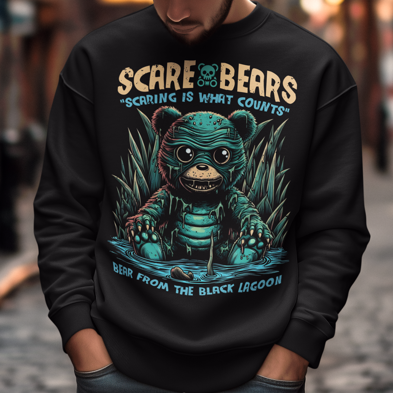 Black sweatshirt of a creature from the black lagoon bear sitting in a swamp with text above "SCARE BEARS". "Text below "BEAR FROM THE BLACK 