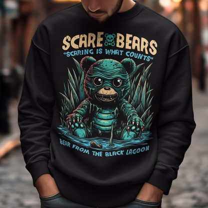 Black sweatshirt of a creature from the black lagoon bear sitting in a swamp with text above "SCARE BEARS". "Text below "BEAR FROM THE BLACK 