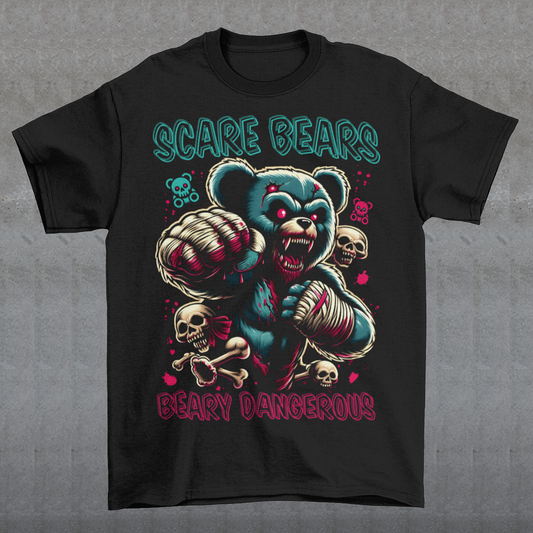 Get ready to turn heads with the "SCARE BEARS" tee! This bold shirt features a powerful MMA bear mid-fight, muscles flexed, claws out, and an intense, focused expression as it readies for battle. Above the bear, the words "SCARE BEARS" loom large, capturing the fearsome spirit of the wild. Below, the text "BEARY DANGEROUS" adds a playful twist to this ferocious design.
