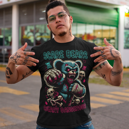 Get ready to turn heads with the "SCARE BEARS" tee! This bold shirt features a powerful MMA bear mid-fight, muscles flexed, claws out, and an intense, focused expression as it readies for battle. Above the bear, the words "SCARE BEARS" loom large, capturing the fearsome spirit of the wild. Below, the text "BEARY DANGEROUS" adds a playful twist to this ferocious design.