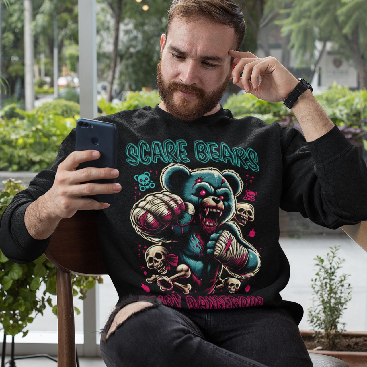 Black sweatshirt of a fighting MMA bear with text above "SCARE BEARS". "Text below "BEARY DANGEROUS".