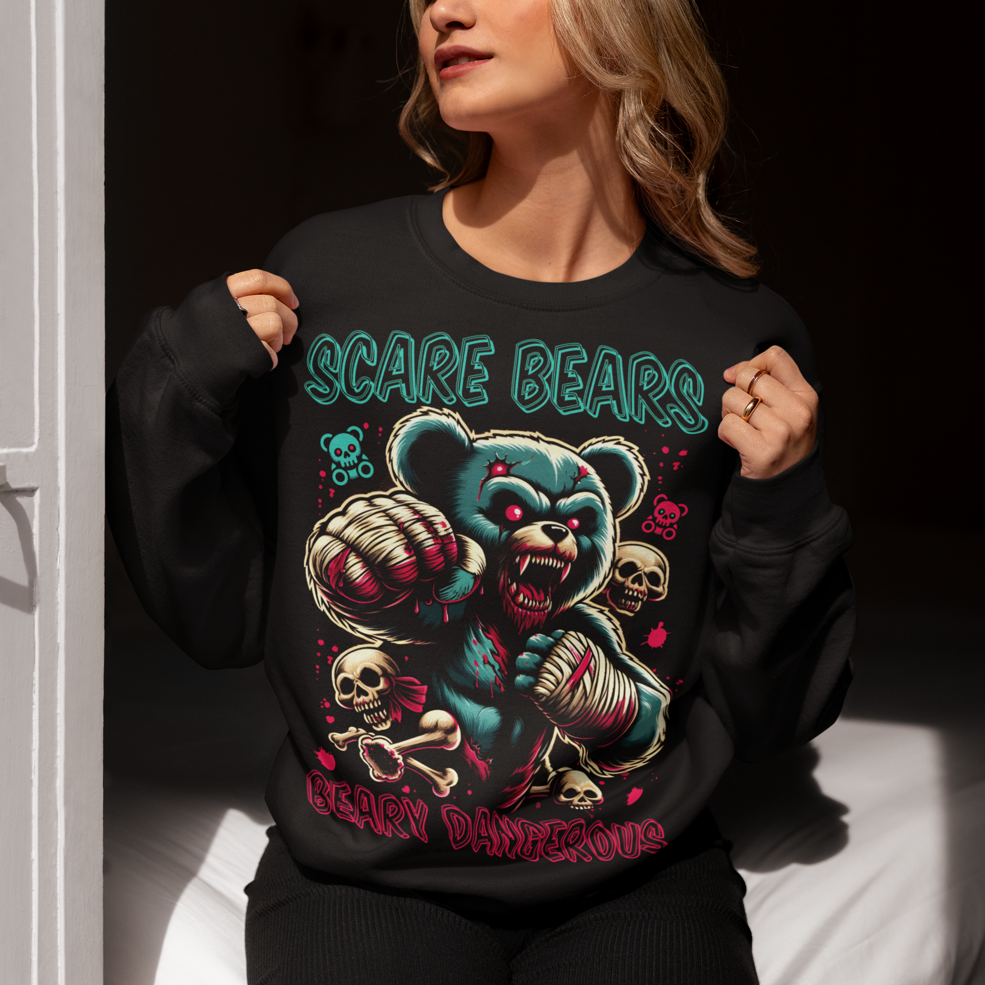 Black sweatshirt of a fighting MMA bear with text above "SCARE BEARS". "Text below "BEARY DANGEROUS".