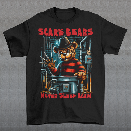 This T-shirt features a burnt, scary bear, wearing a tattered hat and a bladed glove, standing menacingly in a dark boiler room. The bear's charred fur and glowing red eyes give off a terrifying vibe, with steam pipes and sparks in the background.

The bold text above reads "SCARE BEARS", and the chilling tagline below says "NEVER SLEEP AGAIN", adding to the sinister atmosphere. Perfect for fans of horror and twisted takes on childhood icons.