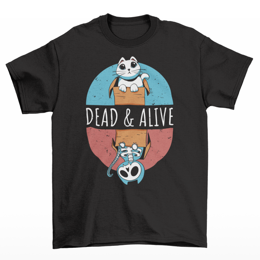 Black Schrodinger's cat t-shirt with an alive cat in a box on top and a dead cat in a box on bottom with text in the middle "DEAD & ALIVE".