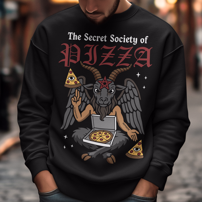 Black sweatshirt featuring a humorous occult-style design with the text “The Secret Society of Pizza.” Artwork shows a winged goat figure with horns and a pentagram holding pizza slices and an open pizza box, surrounded by small stars. Gothic lettering and playful dark humor create a spooky pizza-themed graphic tee design.