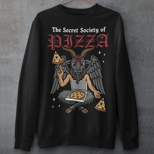 Black sweatshirt featuring a humorous occult-style design with the text “The Secret Society of Pizza.” Artwork shows a winged goat figure with horns and a pentagram holding pizza slices and an open pizza box, surrounded by small stars. Gothic lettering and playful dark humor create a spooky pizza-themed graphic tee design.